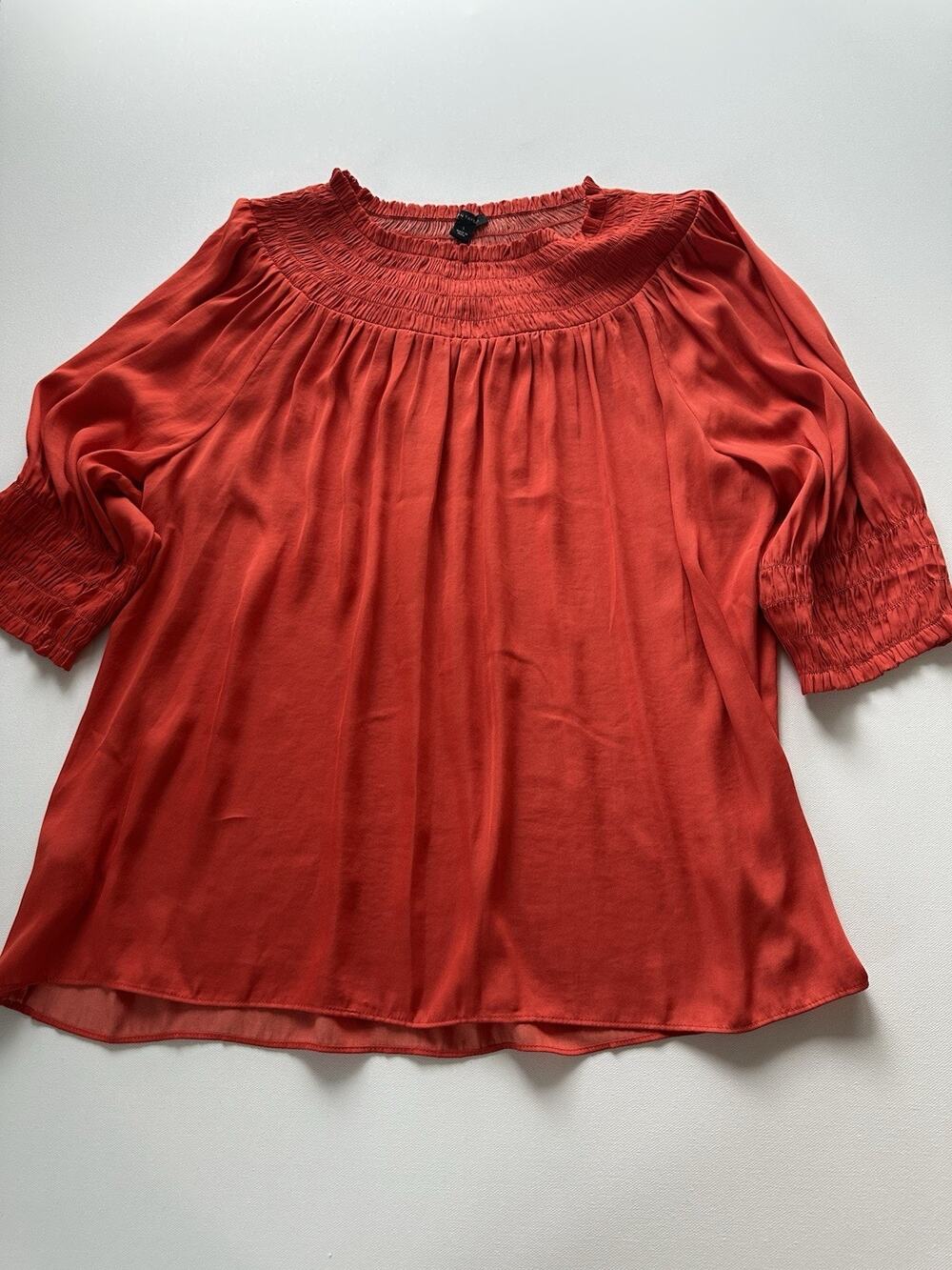 Ann Taylor Women’s L Orange Coral Smocked Neck Blouse Short Sleeve Peasant Top